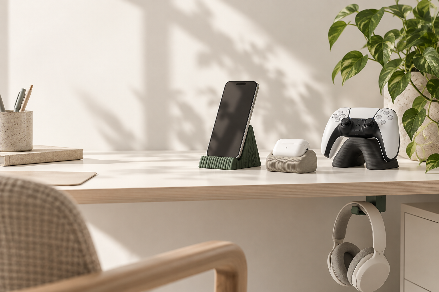 Warm desk styling concept showing 3D-printed stands holding a controller, phone, earbud case and headphones